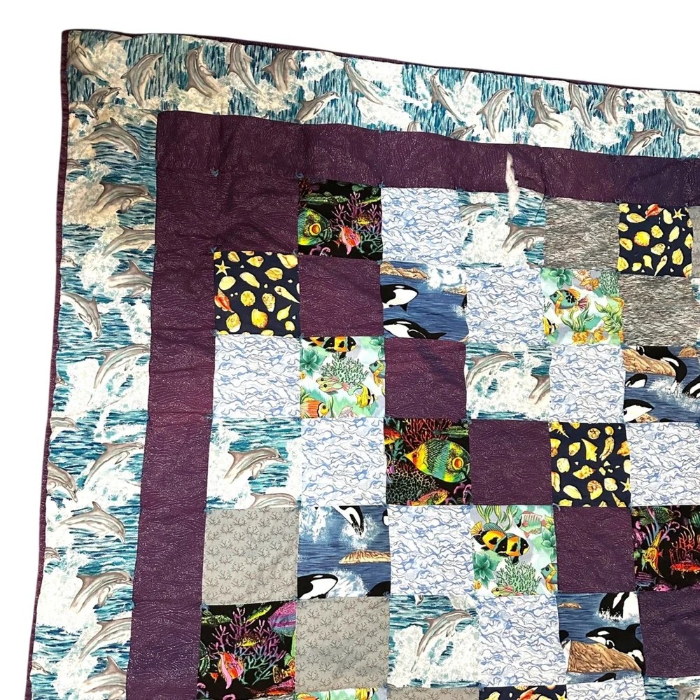 VTG Handmade Dolphin Quilt 90s Y2K Ocean Orca‎ Patchwork Nostalgic Twin Throw